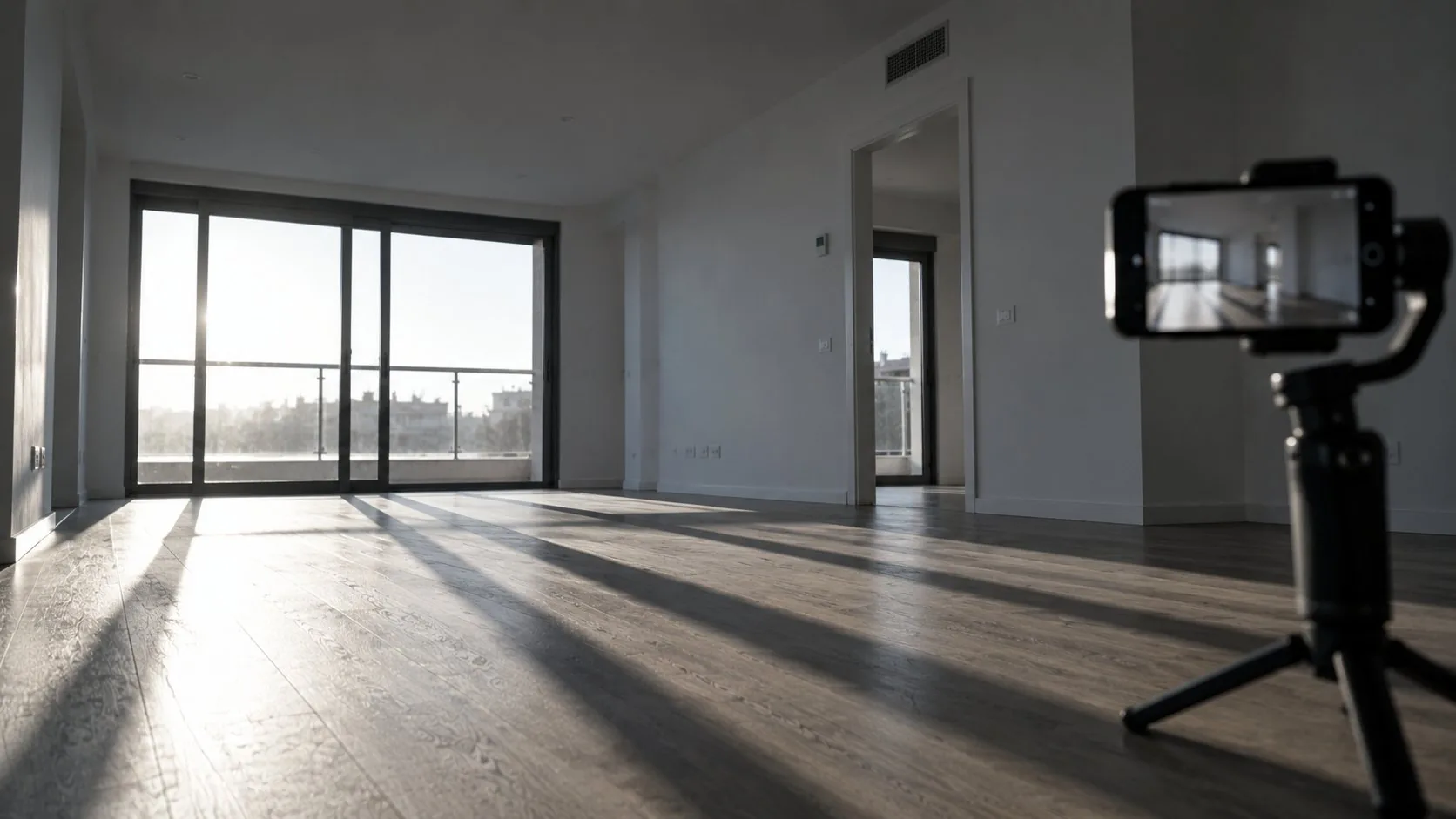 Interior de una vivienda vacía con luz rasante entrando por el ventanal, grabada con un móvil montado en un trípode